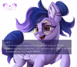 Size: 4614x4000 | Tagged: safe, artist:oriana80, derpibooru import, oc, oc only, pegasus, pony, advertisement, commission, commission info, ear piercing, glasses, pegasus oc, piercing, solo