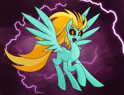Size: 2640x2033 | Tagged: safe, artist:moonatik, derpibooru import, lightning dust, pegasus, pony, abstract background, cloud, corrupted, evil, evil grin, female, grin, lightning, long hair, mare, smiling, solo, spread wings, wings