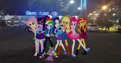 Size: 1080x565 | Tagged: safe, derpibooru import, applejack, fluttershy, pinkie pie, rainbow dash, rarity, sci-twi, spike, sunset shimmer, twilight sparkle, equestria girls, g4, brazil, carrefour, city, clothes, equestria girls in real life, humane five, humane seven, humane six, legs, light, night, parking, skirt