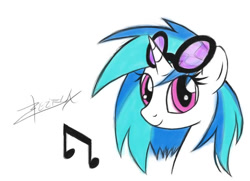 Size: 828x601 | Tagged: safe, derpibooru import, dj pon-3, vinyl scratch, pony, unicorn, g4, bust, female, looking at you, mare, signature, simple background, solo, sunglasses, white background