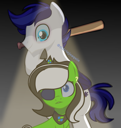 Size: 2197x2331 | Tagged: safe, artist:rumblemlpatarster, derpibooru import, oc, oc:aldrin, earth pony, pegasus, baseball bat, dangerous, eyepatch, female, male, shocked, straight, watermark