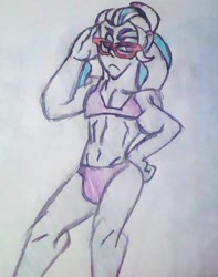 Size: 940x1194 | Tagged: safe, artist:midday sun, derpibooru import, sugarcoat, human, equestria girls, bikini, bra, clothes, crossdressing, equestria guys, femboy, glasses, male, panties, rule 63, swimsuit, traditional art, underwear