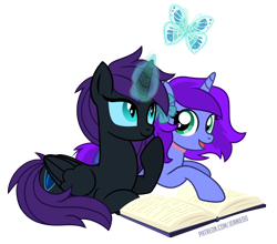 Size: 1000x881 | Tagged: safe, artist:jennieoo, derpibooru import, oc, oc:aliss, oc:nyx, alicorn, pony, unicorn, book, glowing, glowing horn, horn, magic, patreon, patreon reward, show accurate, simple background, teenager, transparent background, vector