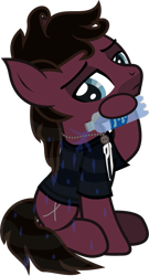 Size: 665x1230 | Tagged: safe, artist:lightningbolt, derpibooru exclusive, derpibooru import, earth pony, pony, .svg available, bring me the horizon, clothes, colored pupils, disguise, disguised seapony, dripping, facial hair, jewelry, jordan fish, lidded eyes, male, necklace, ponified, pouring, shirt, show accurate, simple background, sitting, solo, species swap, stallion, svg, t-shirt, transparent background, vector, water, water bottle, wet, wet clothes, wet shirt