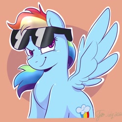 Size: 2842x2842 | Tagged: safe, artist:flutterpawss, derpibooru import, rainbow dash, pegasus, pony, backwards cutie mark, crooked glasses, evil smirk, faic, female, looking at you, mare, smiling, smirk, smug, smugdash, solo, spread wings, sunglasses, wings