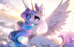 Size: 1116x716 | Tagged: safe, ai content, derpibooru import, generator:stable diffusion, machine learning generated, princess celestia, alicorn, pony, cloud, crepuscular rays, diadem, female, jewelry, mare, peytral, prompter:refractora, regalia, solo, sparkles, sparkly eyes, spread wings, starry eyes, wingding eyes, wings