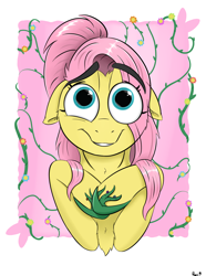Size: 1280x1720 | Tagged: safe, artist:rapid9, derpibooru import, fluttershy, pony, adult, bust, ears, eye clipping through hair, female, floppy ears, flower, mare, smiling, solo