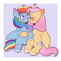 Size: 540x540 | Tagged: safe, artist:dam-creativity, derpibooru import, fluttershy, rainbow dash, pegasus, pony, abstract background, blushing, eyebrows, eyebrows visible through hair, eyes closed, female, flutterdash, folded wings, heart, holding hooves, hug, lesbian, nuzzling, shipping, sitting, smiling, snuggling, surprised, unshorn fetlocks, wings