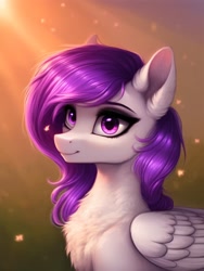 Size: 2304x3072 | Tagged: safe, ai content, derpibooru import, generator:pony diffusion v5, generator:stable diffusion, machine learning generated, oc, oc only, oc:morning glory (project horizons), pegasus, pony, fallout equestria, fallout equestria: project horizons, beautiful, bust, chest fluff, fanfic art, female, fluffy, folded wings, mare, pegasus oc, prompter:frostru, smiling, solo, thousand yard stare, wings