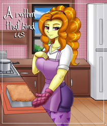 Size: 1600x1900 | Tagged: safe, artist:zachc, derpibooru import, adagio dazzle, equestria girls, apron, clothes, commission, fanfic, fanfic art, fanfic cover, female, hand on chest, kitchen, looking at you, misspelling, oven mitts, refrigerator, solo
