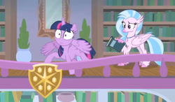 Size: 1647x960 | Tagged: safe, derpibooru import, screencap, silverstream, twilight sparkle, twilight sparkle (alicorn), alicorn, hippogriff, insect, ladybug, starlight the hypnotist, spoiler:interseason shorts, book, bookshelf, library, school of friendship