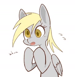 Size: 1971x2010 | Tagged: safe, artist:noupu, derpibooru import, derpy hooves, pegasus, pony, emanata, female, mare, open mouth, plewds, simple background, solo, white background