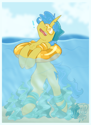 Size: 1522x2091 | Tagged: safe, artist:ezzerie, derpibooru import, oc, oc only, oc:condaberry, unicorn, belly, bondage, commission, floaty, male, plant bondage, pool toy, scared, screaming, seaweed, solo, stallion, tube, unsexy bondage, water wings