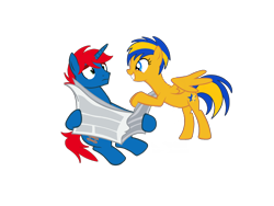 Size: 2048x1536 | Tagged: safe, artist:ry-bluepony1, derpibooru import, oc, oc only, oc:flare spark, oc:train track, pegasus, pony, unicorn, female, male, mare, newspaper, simple background, spread wings, stallion, transparent background, wings