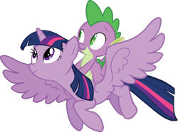 Size: 2687x2000 | Tagged: safe, derpibooru import, spike, twilight sparkle, twilight sparkle (alicorn), alicorn, pony, .svg available, closed mouth, duo, duo male and female, eyes open, female, flying, male, mare, official, riding, simple background, smiling, spike riding twilight, spread wings, svg, transparent background, vector, wings