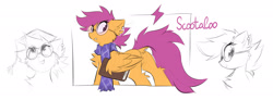 Size: 2048x753 | Tagged: safe, artist:kejifox, derpibooru import, scootaloo, pegasus, pony, book, butt, chest fluff, clothes, dock, dock piercing, ear fluff, ear piercing, ears, featureless crotch, female, glasses, graduation cap, hat, looking back, piercing, plot, scarf, scootabutt, sketch, tail, tail piercing, wing hold, wings