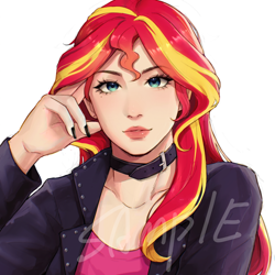 Size: 2048x2048 | Tagged: safe, artist:xiaowu07, derpibooru import, sunset shimmer, human, equestria girls, collar, commission, female, human coloration, looking at you, sample, simple background, solo, white background