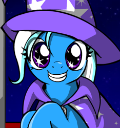 Size: 338x361 | Tagged: safe, artist:marcusmaximus, derpibooru import, edit, trixie, pony, unicorn, cape, clothes, cropped, cute, diatrixes, female, game, hat, looking at you, mare, minty fresh adventure, night, smiling, stars, trixie's cape, trixie's hat
