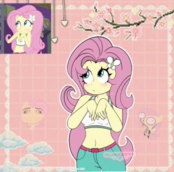 Size: 1242x1228 | Tagged: safe, artist:elizabet311, derpibooru import, fluttershy, human, equestria girls, legend of everfree, abstract background, belly, belly button, blushing, camp everfree outfits, cute, female, midriff, outline, roblox, screencap reference, shyabetes, solo, white outline