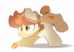 Size: 3035x2150 | Tagged: safe, artist:mochi_nation, derpibooru import, oc, oc only, oc:flame egg, earth pony, pony, coat markings, eye clipping through hair, female, fire, fire breath, mare, simple background, solo, white background