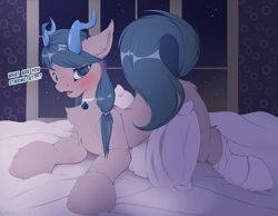 Size: 4500x3500 | Tagged: safe, artist:chura chu, derpibooru import, oc, oc:blubbery bell, earth pony, pony, bed, bedroom, blushing, clothes, coral, cute, dialogue box, female, horns, lying, mare, pillow, shy, solo, stockings, thigh highs