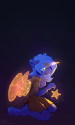 Size: 2686x4487 | Tagged: safe, artist:yarugreat, derpibooru import, princess luna, alicorn, anthro, artificial horn, artificial wings, childhood, clothes, female, filly, foal, horn, kids, magic, magic horn, magic wings, s1 luna, slingshot, solo, stars, wings, woona, younger