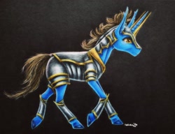 Size: 3110x2388 | Tagged: safe, artist:cahandariella, derpibooru import, oc, oc only, unicorn, armor, black background, colored pencil drawing, male, simple background, solo, stallion, sternocleidomastoid, traditional art, trotting