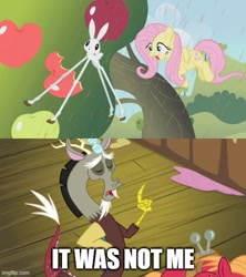 Size: 500x562 | Tagged: safe, derpibooru import, edit, edited screencap, screencap, big macintosh, discord, fluttershy, draconequus, earth pony, pegasus, pony, rabbit, the break up breakdown, the return of harmony, animal, apple, apple tree, blatant lies, caption, chocolate, chocolate rain, food, image macro, imgflip, offscreen character, pointing, rain, text, tree