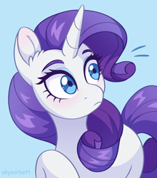 Size: 1916x2175 | Tagged: safe, artist:skysorbett, derpibooru import, rarity, pony, unicorn, g4, blue background, eyeshadow, female, makeup, mare, raised hoof, raised leg, simple background, solo, surprised