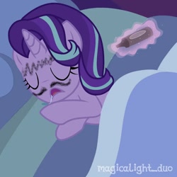 Size: 1080x1080 | Tagged: safe, artist:magicalight_duo, derpibooru import, starlight glimmer, unicorn, bed, blanket, crayon, drawing, drool, eyes closed, fake moustache, female, implied trixie, magic, mare, pillow, prank, revenge, sleeping, snoring, solo, telekinesis