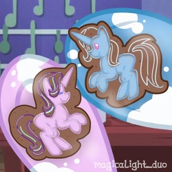 Size: 1080x1080 | Tagged: safe, artist:magicalight_duo, derpibooru import, starlight glimmer, trixie, pony, unicorn, baking, duo, duo female, female, food, frosting, gingerbread (food), kitchen, mare, messy, show accurate, signature