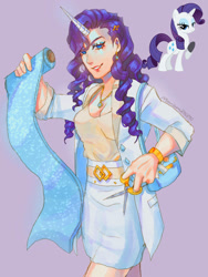 Size: 750x1000 | Tagged: safe, artist:mariam246810, derpibooru import, rarity, human, pony, unicorn, alternate hairstyle, bag, belt, bracelet, clothes, coat, ear piercing, earring, eyeshadow, fabric, female, grin, handbag, horn, horned humanization, humanized, jewelry, lipstick, makeup, mare, necklace, piercing, purple background, scissors, shirt, simple background, skirt, smiling, solo