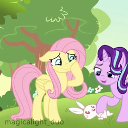 Size: 1079x1079 | Tagged: safe, artist:magicalight_duo, derpibooru import, fluttershy, starlight glimmer, pegasus, rabbit, unicorn, animal, duo, duo female, female, hoof on face, mare, outdoors, show accurate, signature, tree