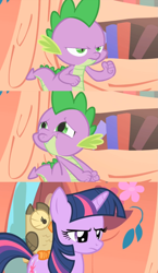 Size: 1193x2064 | Tagged: safe, derpibooru import, edit, edited screencap, screencap, spike, twilight sparkle, unicorn twilight, unicorn, owl's well that ends well, golden oaks library