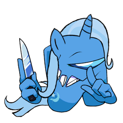 Size: 1280x1280 | Tagged: safe, artist:josephthedumbimpostor, derpibooru import, trixie, among us, friday night funkin', knife, simple background, solo, white background