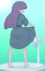 Size: 2520x3964 | Tagged: safe, artist:batipin, derpibooru import, maud pie, human, equestria girls, barefoot, blushing, clothes, fan, feet, high res, hot, looking back, skirt, skirt lift, solo, sweat