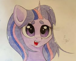 Size: 2067x1662 | Tagged: safe, artist:engi, derpibooru import, twilight sparkle, pony, unicorn, beanbrows, eyebrows, eyelashes, female, happy, mare, open mouth, open smile, simple background, smiling, solo, traditional art, watercolor painting