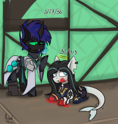 Size: 2194x2308 | Tagged: safe, artist:ashel_aras, derpibooru import, oc, oc only, oc:ashel, changeling, background, blood, changeling oc, clothes, couple, duo, fish tail, suit, tail, valorant