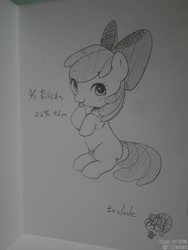 Size: 1200x1598 | Tagged: safe, artist:30clock, derpibooru import, apple bloom, raven, earth pony, pony, female, filly, foal, photo, sitting, sketch, solo, tongue, tongue out, traditional art