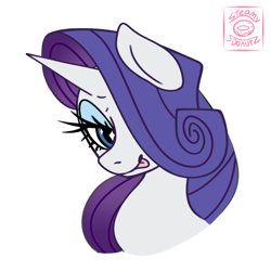 Size: 1700x1700 | Tagged: safe, artist:steamydonutz, derpibooru exclusive, derpibooru import, rarity, pony, unicorn, :p, bedroom eyes, bust, eyelashes, eyeshadow, female, hair over one eye, looking at you, makeup, mare, portrait, simple background, smiling, smiling at you, solo, sparkly eyes, tongue, tongue out, white background, wingding eyes