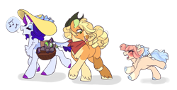 Size: 1699x863 | Tagged: safe, artist:queerhorses, derpibooru import, applejack, rarity, oc, oc:smoke tree, pony, unicorn, baby, baby pony, female, filly, foal, hat, lesbian, magical lesbian spawn, offspring, parent:applejack, parent:rarity, parents:rarijack, rarijack, shipping, simple background, transparent background
