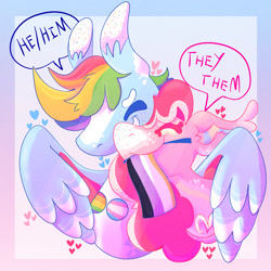 Size: 1000x1000 | Tagged: safe, artist:sugvr_alien, derpibooru import, pinkie pie, rainbow dash, earth pony, pegasus, pony, alternate design, female, gender headcanon, hug, lesbian, mouthpiece, nonbinary, nonbinary pride flag, pinkiedash, pride, pride flag, pronouns, rainbow flag, redesign, shipping, solo, transgender, transgender pride flag, winghug, wings