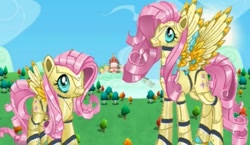 Size: 437x253 | Tagged: safe, derpibooru import, fluttershy, pegasus, pony, robot, robot pony, cropped, duality, female, flutterbot, gameloft, my little pony: magic princess, roboticization