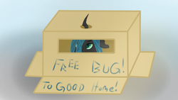 Size: 1920x1080 | Tagged: safe, artist:countderpy, derpibooru import, queen chrysalis, changeling, changeling queen, box, cardboard box, changeling in a box, female, horn, solo, text