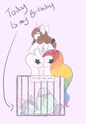 Size: 1423x2048 | Tagged: safe, artist:mscolorsplash, derpibooru import, oc, oc:color splash, oc:mod chi, pegasus, pony, semi-anthro, unicorn, bondage, butt, cage, duo, duo female, female, frown, hat, hogtied, lips, looking at you, looking back, looking back at you, lying down, mare, on back, party hat, pink background, plot, rope, simple background, text