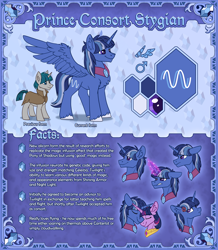 Size: 5412x6193 | Tagged: safe, artist:helmie-art, derpibooru import, stygian, twilight sparkle, oc, oc:prince consort stygian, alicorn, pony, unicorn, alicornified, annoyed, canon x oc, cape, cloak, clothes, colored hooves, cross-popping veins, ear fluff, ears, ears back, emanata, eyes closed, female, gem, magic, magic aura, male, male alicorn, male alicorn oc, male symbol, nuzzling, peytral, purple eyes, race swap, reference sheet, smiling, spread wings, standing, straight, stygicorn, text, unshorn fetlocks, wings