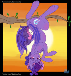 Size: 1192x1280 | Tagged: safe, artist:salemsalami, derpibooru import, oc, oc:cinnamon music, bat, pony, undead, vampire, vampony, blushing, butt, fangs, female, hanging, hanging upside down, hoof heart, looking at you, mare, plot, sunset, tree branch, underhoof, upside down