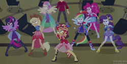 Size: 1032x524 | Tagged: safe, derpibooru import, screencap, applejack, flash sentry, fluttershy, pinkie pie, rainbow dash, rarity, sci-twi, sunset shimmer, twilight sparkle, human, better together, cheer you on, equestria girls, alternate hairstyle, applejack's hat, bare shoulders, boots, cape, chair, clothes, cowboy boots, cowboy hat, cutie mark on clothes, determined, evening gloves, fighting stance, fingerless elbow gloves, fingerless gloves, gloves, gorget, gym, halterneck, hat, high heels, humane five, humane seven, humane six, jewelry, knee-high boots, leg bracelet, leggings, long gloves, long shirt, offscreen character, offscreen human, pants, ponied up, pony ears, ready to fight, regalia, shoes, short sleeves, sleeveless, smiling, sneakers, spiked headband, stetson, super ponied up, sweatpants, teeth, tiara, wings