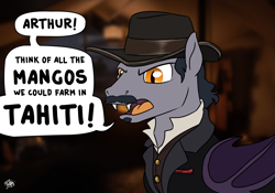 Size: 3000x2100 | Tagged: safe, artist:potes, bat pony, pony, angry, clothes, crossover, dutch van der linde, fangs, frock coat, golden eyes, hat, male, moustache, ponified, red dead redemption 2, shirt, slit eyes, solo, solo male, soul patch, species swap, stallion, suit, waistcoat, western