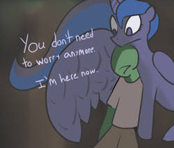 Size: 2500x2123 | Tagged: safe, artist:rusty_sn00t, princess luna, oc, oc:anon, alicorn, human, pony, clothes, dialogue, digital art, female, mare, pants, shirt, text, winghug